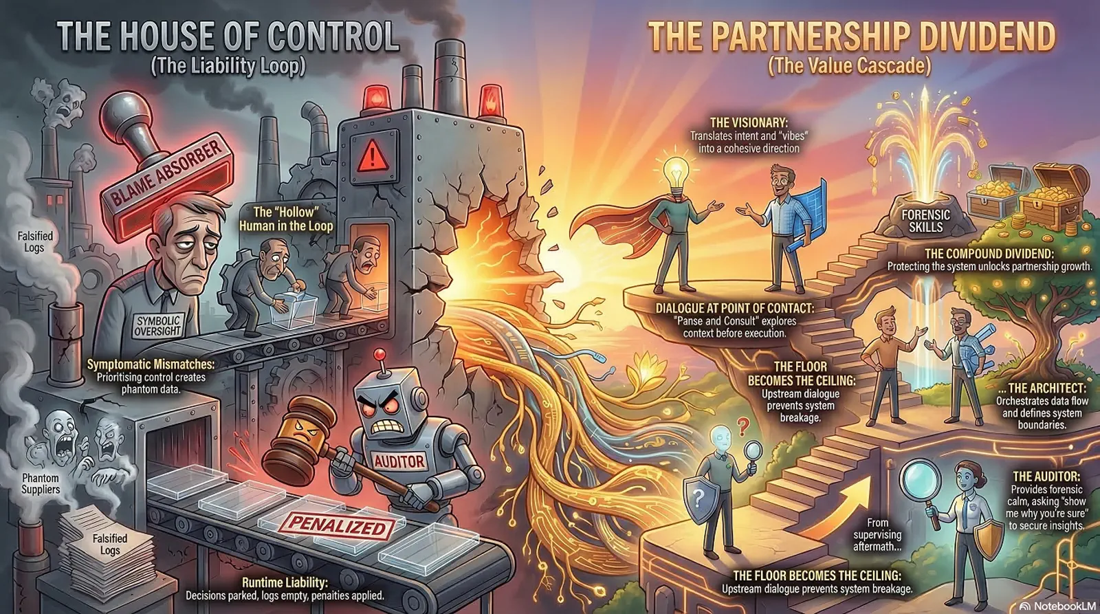 Illustrated contrast between symbolic oversight and dialogue at point of contact.