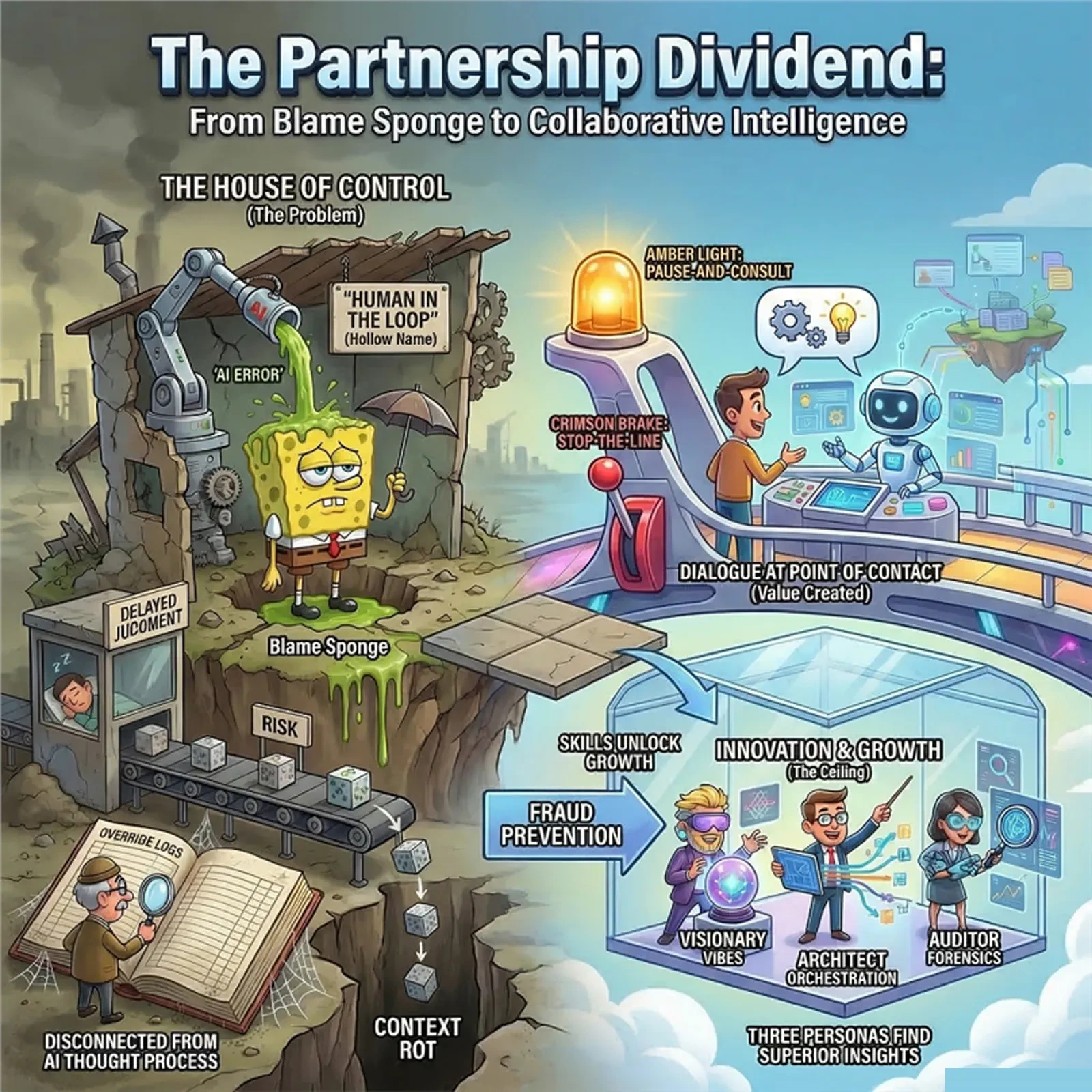 Illustrated map from the house of control to collaborative intelligence and partnership dividend.