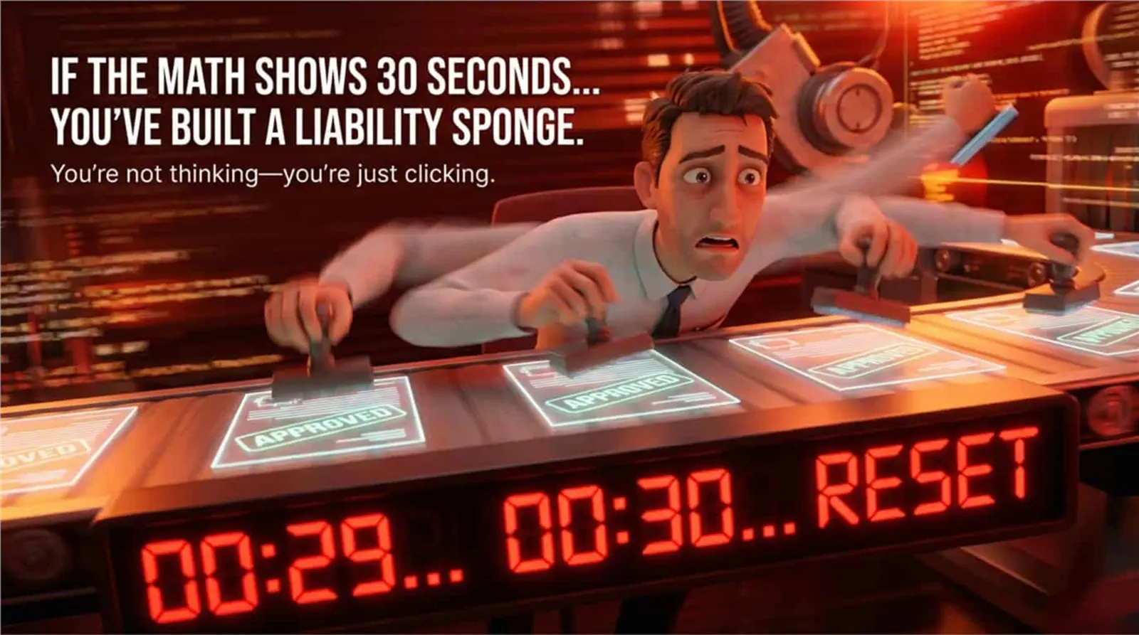 A hurried reviewer stamping approvals while a timer shows thirty seconds.